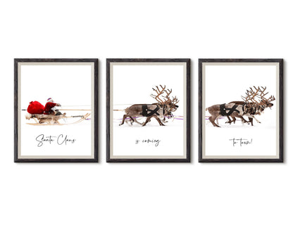 santa claus reindeer trio christmas wall art festive scandinavian holiday decor 3 frame digital download printable wall art poster, digital download