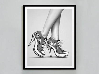 sneaker with heels print black and white fashion wall art hypebeast sneaker poster feminist print girls bedroom decor digital download printable wall art poster, digital download