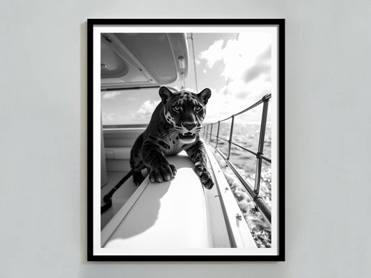 tiger in the yacht print black and white tiger luxury fashion print yacht wall art vintage photography hypebeast decor digital download printable wall art poster, digital download