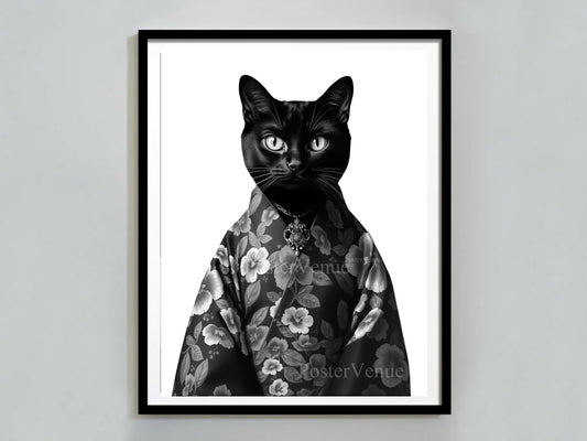 Framed artwork of a black cat wearing a floral robe on a white background