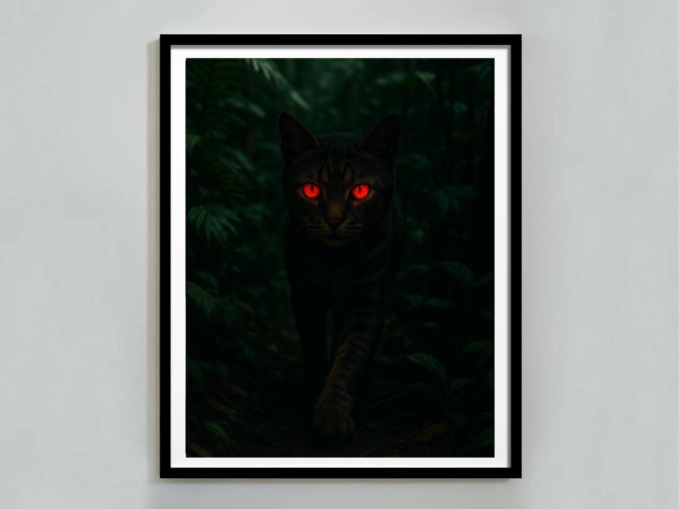 Framed artwork of a cat with glowing red eyes in a dark forest setting on a white wall.