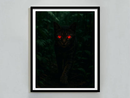 Framed artwork of a cat with glowing red eyes in a dark forest setting on a white wall.