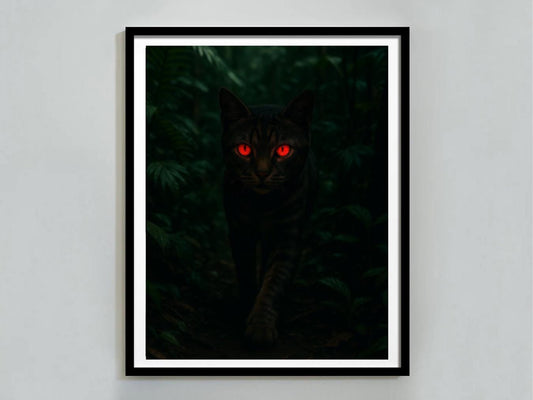 Framed artwork of a cat with glowing red eyes in a dark forest setting on a white wall.